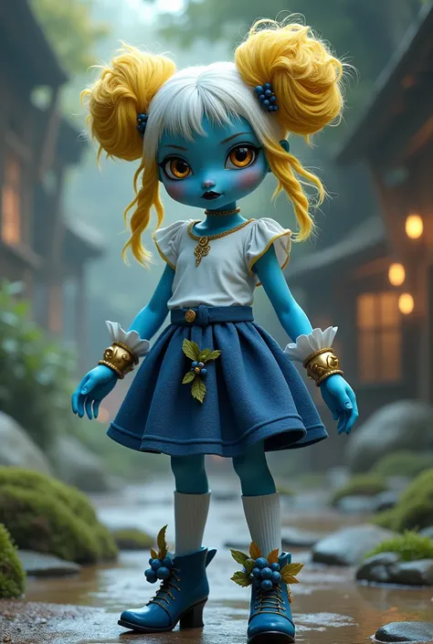 Zulmi has blue skin and hair with some yellow highlights and tips and her eyes are yellow..
tans, Zulmi&#39;s outfit consists of a white sleeveless blouse and a dark blue skirt with a blueberry detail on the bottom right. She also wears black lipstick, has...