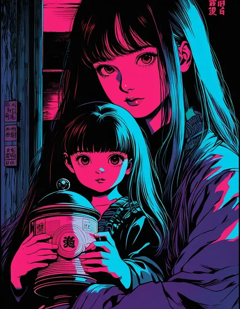 illust、art、from 80s horror movie, directed by Junji Ito、Girl holding a Japanese doll、high detail, realsitic shadow、Analog style, vhs style, 8mm film, chromatic aberration, Dvd screengrab、Complementary color gradient
