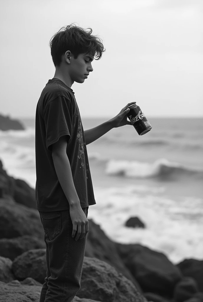 a photo of a bad kid from school, throwing his can of soda to the sea. DONT MAKE HIM LOOK AT THE CAMERA