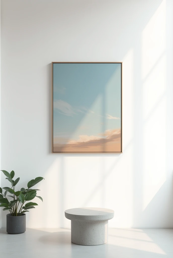 White wall background with a painting on it with concrete stool in the front 