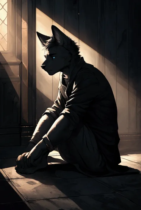 a sad furry male, sitting on the ground, detailed facial features, beautiful eyes, extremely detailed,, 8k, highres, masterpiece, cinematic lighting, melancholic atmosphere, moody colors, dramatic shadows