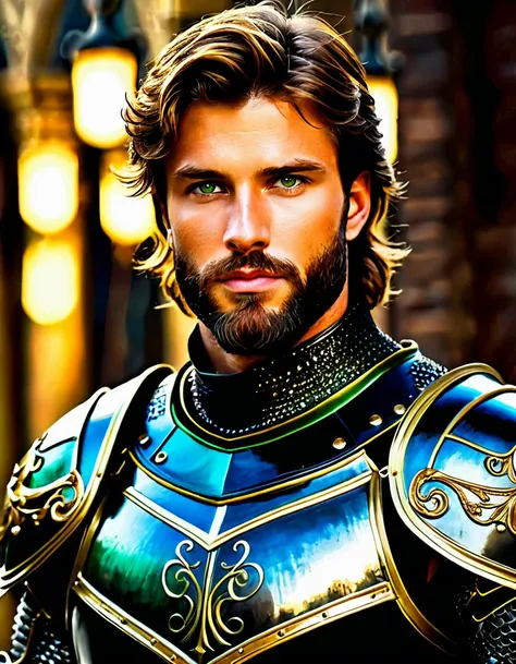 Handsome Male knight, age 30, highly detailed black plated armor, armor has exquisite gold details and embellishments, armor is molded to muscular physique, short messy brown Hair elegantly styled, trimmed half-beard, green eyes, visible face, handsome fac...