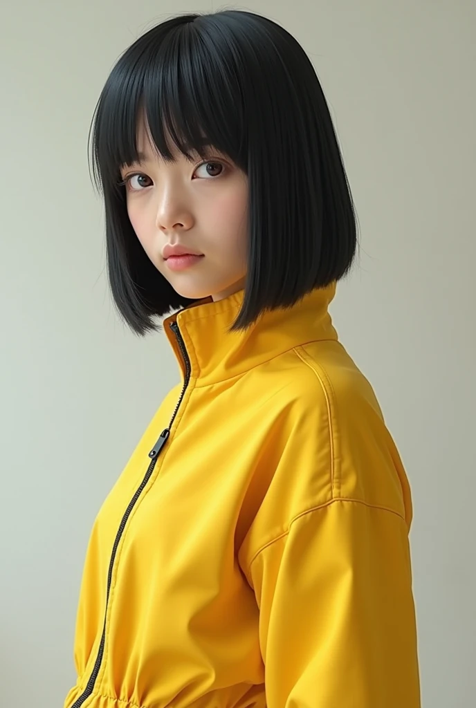 Young woman with black hair dressed as Saitama
