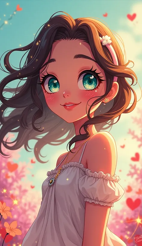 Anime art style portrayal of the captivating Maëva Abrial, vividly characterized with bold, expressive features reflecting her lively personality, large, expressive eyes painted in a vibrant turquoise shade sparkling with life and enthusiasm, meticulously ...