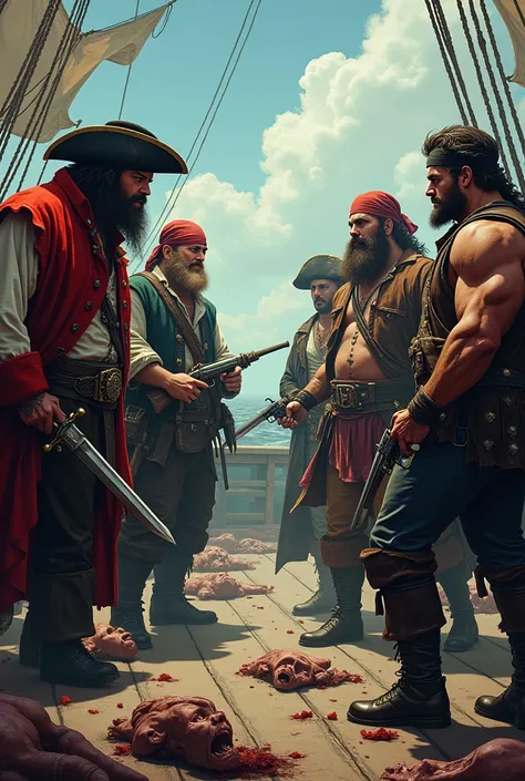 A group of pirates on a ship full of dead people, 6 on the left with buccaneer clothes and one of the 6 looks like a blackbeard pirate but is red-haired, another 4 on the right, 2 with Spanish features, one strong and one fat, another blond and thin with a...