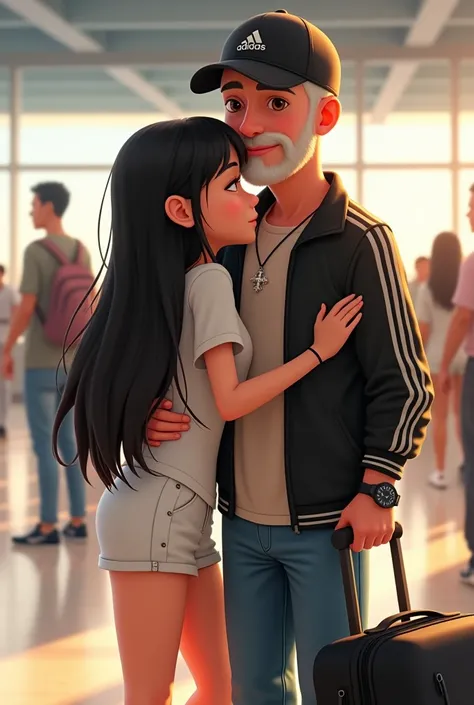 Girl in her 20’s, very long black straight hair, wearing white cotton shorts.  T-shirt and sneakers. receiving her dad at the airport hugging. Dad with black wheeled suitcase, wearing black Adidas cap, jeans, beige long sleeved button shirt, black sports j...