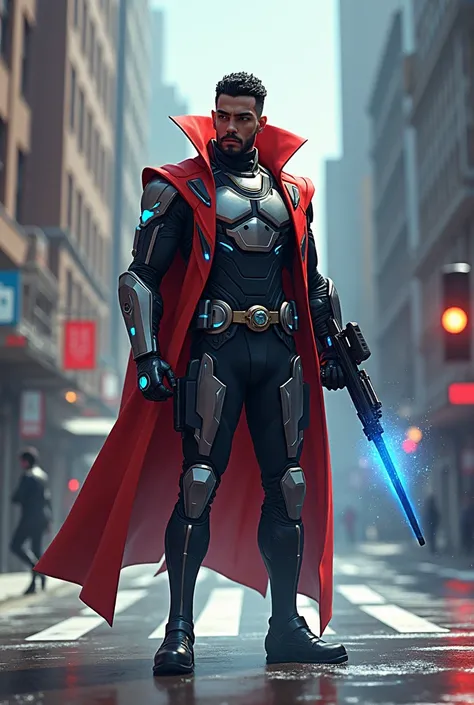 scene based on the game pure Sniper, In the center of the street a mulatto sniper Marvel superhero of medium build with a robotic Doctor Strange suit mixed with armor of the Knight of the Zodiac with energy indicators and uncovered faces, energy plasma rif...