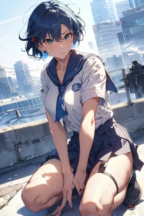 masterpiece,Best Quality,
Sailor Mercury, (((Assault rifle sights,1.8))) ,Machine gun,((shootingの構え,1.5)),A look of determination, Stylish sailor suit, Stylish blue short hair, Gradient hair color,Urban rooftop, ((smog, intense.1.5)),Strong winds,Dynamic A...