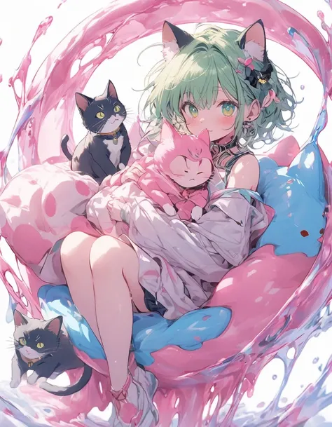 ，Blue-green pupils，There is a cat sitting on a pink substance, Liquid Cat