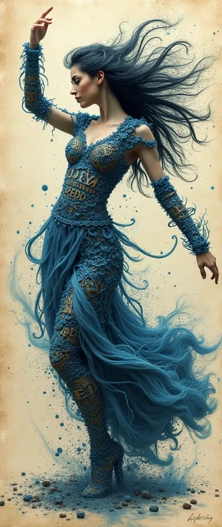 woman with thick hair, dance pose of a fantasy world, bachata dancer, made up of typography elements, gear, typefaces, letters, create me a beautiful woman, made of typographic characters, and old pieces of printing machines, in a fairy-tale atmospherenumb...