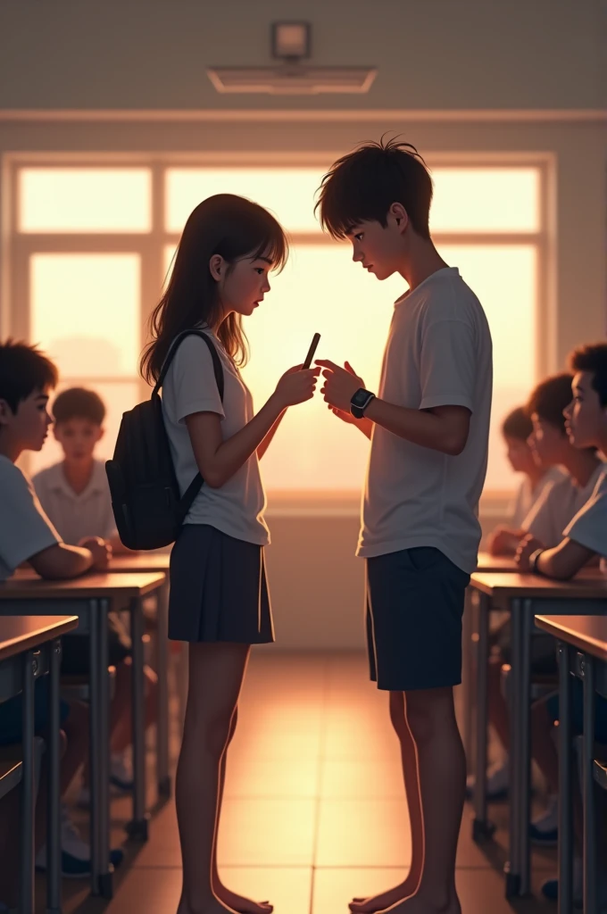 Classroom scene , a girl standing at the first bench holding phone and looking down at it while a boy standing in front of her , across bench and touching the same phone while looking down at it and their hands slightly touching while holding the phone , u...