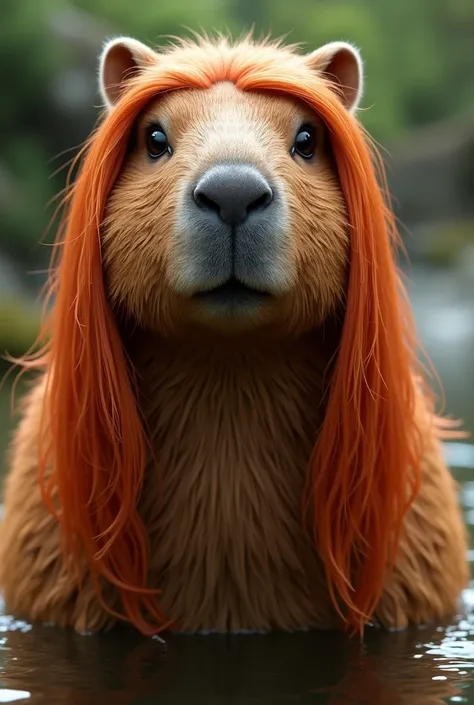 create a capybara with a long copper-colored wig realistic image 