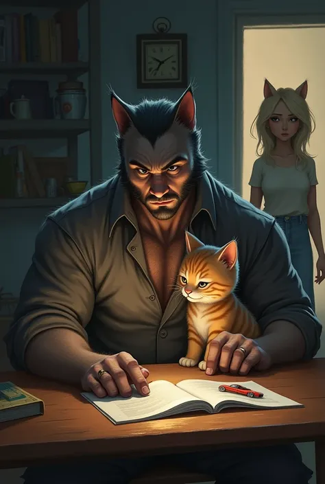 A small, cozy apartment where a human-cat couple lives with their baby cat. Its night, and their dimly lit home has an air of struggle and warmth. The father, a muscular humanoid tomcat with gray fur, sits at the kitchen table, his baby cat on his lap, gaz...