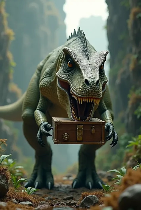 Dinosaur with schrodinger cat box in mouth 