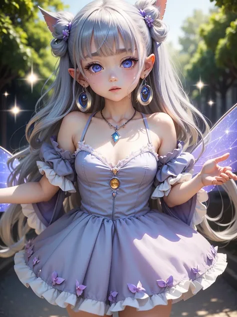 whole bodyを映す,cute little fairy、Fairy Wings、  hime cut, Blushing, whole body、Pointed Ears、Puff sleeve dress, Hoop Earrings, blue eyes, Light purple eyes, Sparkling eyes, Wide-angle shot, Beaded Necklaces, 、Grey Hair, 