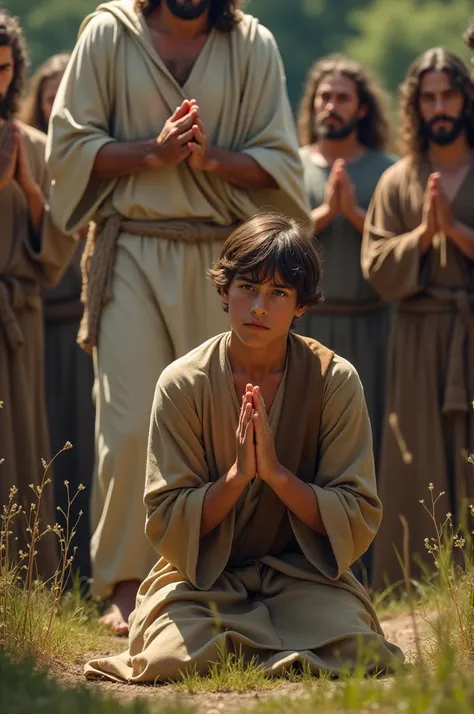 A young man kneeling before Jesus and the disciples in the background