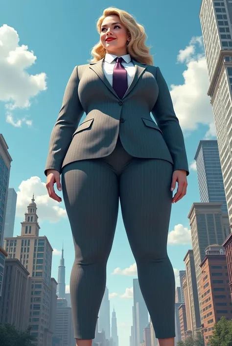 (photorealism:1.2), young , beautiful bbw schoolgirl a massive curvy blonde ponytail red lips wearing a perfect grey pinstripe suit with a thick dark purple tie large collar large breasts. Platform high heels , standing, giantess art, highly detailed giant...