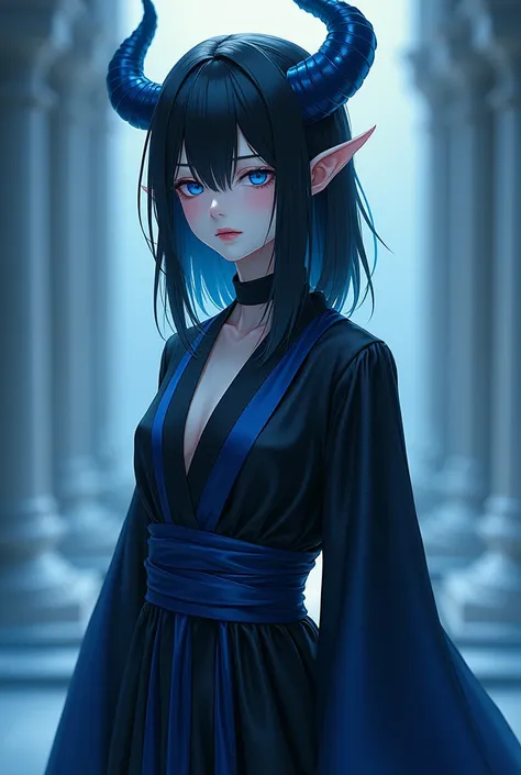 Race： Half demon hair color： Black Hairstyle： The bangs are parted in the center, slightly covering the eyes and showing the forehead.、The back is medium length and the eye color is outward lashed.：blue （In deep blue、Eyes that hide their emotions but seem ...