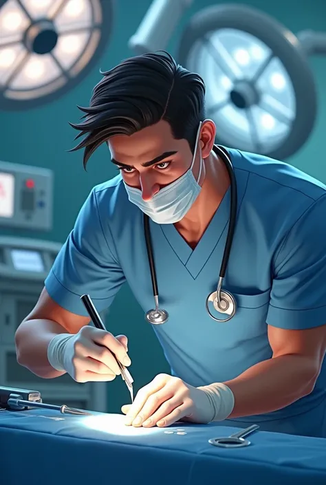 pixar disney drawing of a handsome man, doctor, having surgery, and is concentrated, holding a scalpel