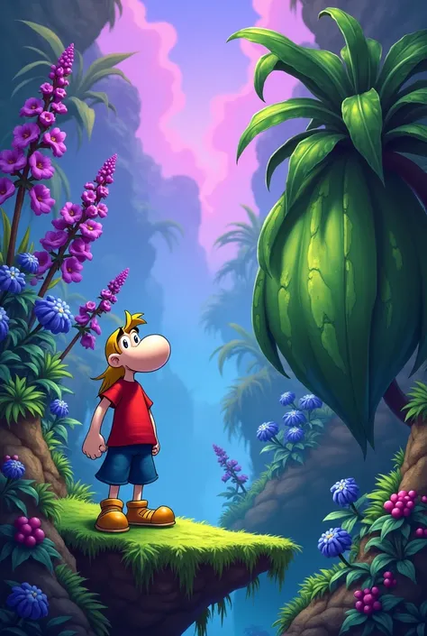 This image is a vibrant, colorful screenshot from a video game, specifically from the platformer "Rayman 2: The Great Escape." The scene depicts an exotic, lush jungle environment with a variety of vibrant, detailed flora and fauna. 

In the foreground, to...