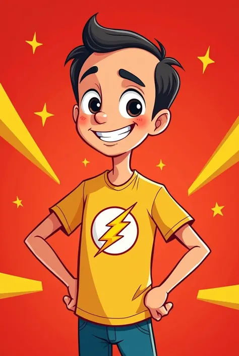 Sheldon Cooper Smiling, wearing the flash t-shirt, cartoon, 2D, with red background with yellow rays 