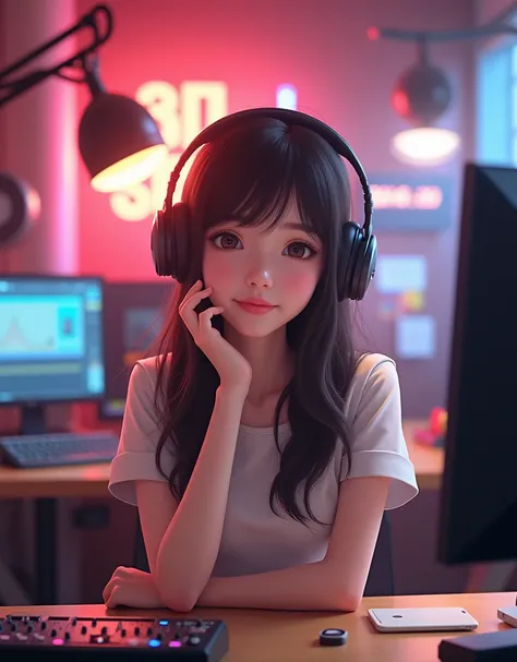 Radio Booth,　Cute girl with headphones,　During a live radio show