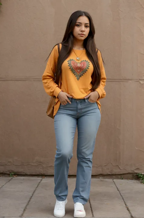 Latina long hair full body with casual clothes