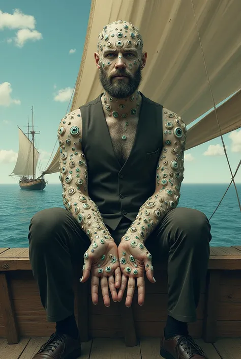 A man who has more than 100 eyes in his hands and is sitting on a ship on water