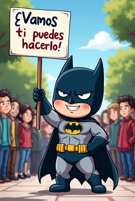 Context :It is a Miss election from a university faculty among them a character dressed as Batman Affleck with a sign in his arms raised which says : Come on Yeo you can do it!(in Spanish) Generate the image with a chibi anime style
