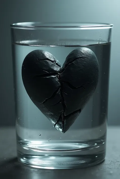 Create a beautiful picture of black heart broken into glass of water 