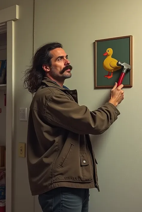 A man in a jacket with long hair and a mustache, who hangs a picture of a duck on his wall and holds a hammer in his hand.