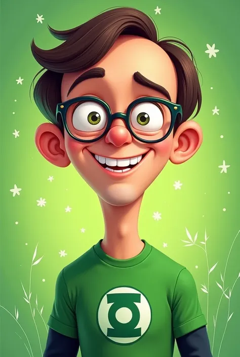 Sheldon Cooper Smiling, wearing the green lantern t-shirt, cartoon, 2D, with green background with light green details