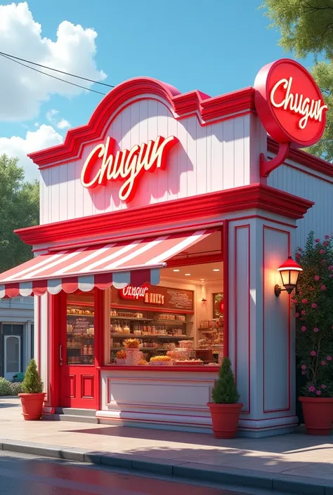 Create a realistic image of a dairy store that looks eye-catching inside and out and has red and white colors., that the white color stands out more, that has a sign that is illuminated and eye-catching and that says chugur.