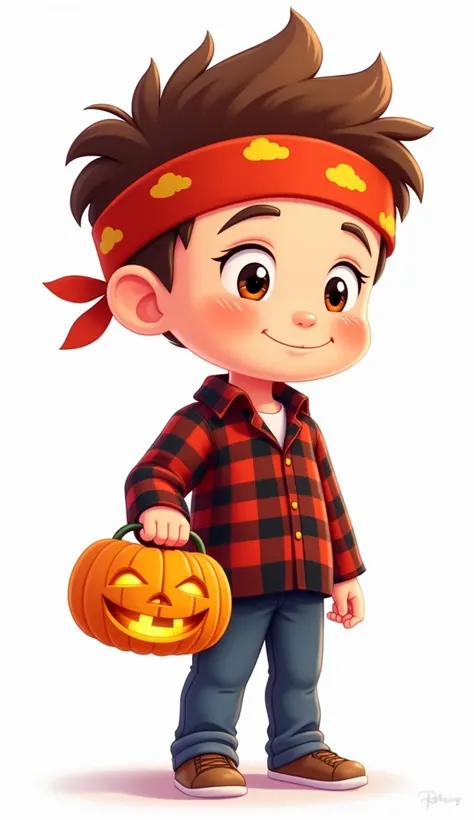 A cartoon boy with a jack-o-lantern in his hand, brown hair, a red headband with yellow clouds printed on his forehead, a red and black plaid shirt, whole body, white background.