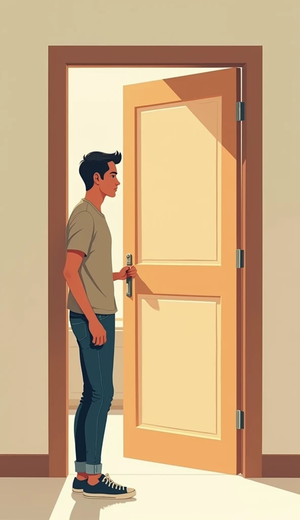 Design an image representing the "foot-in-the-door" technique with a person opening a door slightly and then fully, symbolizing gradual persuasion and commitment.