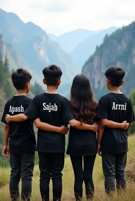 4 friends. ones name Taposh and he is a boy. Onther is a boy and his name Sajib. Onether one is Girl and her name Borna. And last one is also girl and her name is Arnni. They all wearing a black colour shirt and pant. And name is printed on shirt. photo ta...