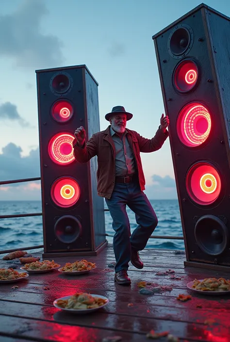 Fisherman dancing to techno, big speakers on the bottom, ravioli