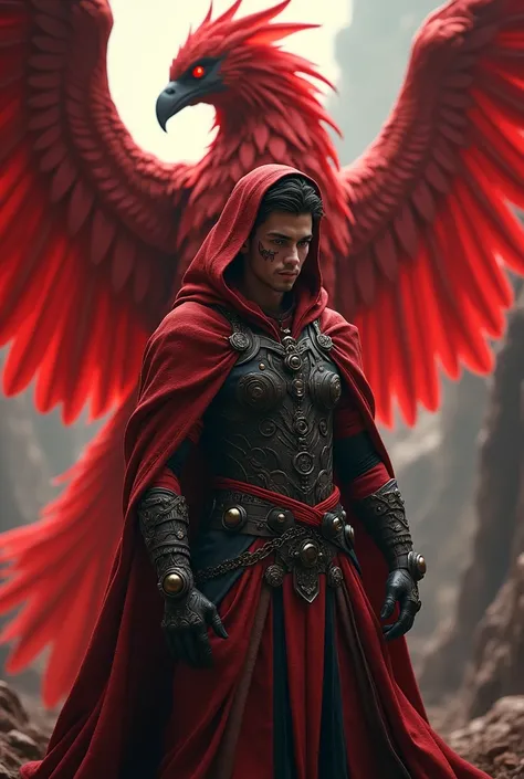 standing near a giant red phoenix , 3d Half elf male scam model with red glowing hood costume , phong cách steampunk very detailed, Eterochrome glowing eyes, Scar on cheek Dark Elf electronic eyes , dark environment devil, very detailed, engine 5 is not re...