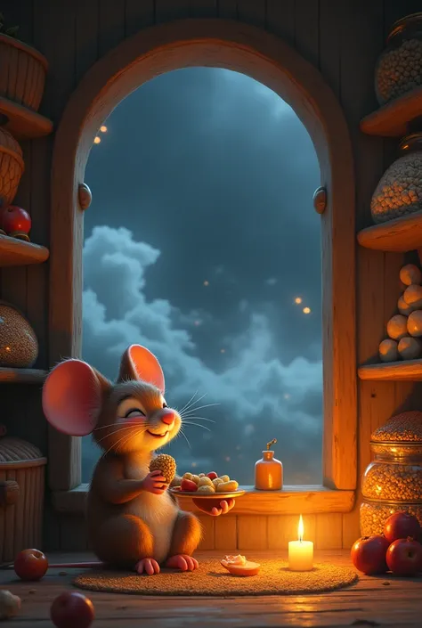 Mimi (mouse) is inside her small, cozy home, sitting comfortably on a chair, enjoying a meal. The home is neatly arranged, with stored food like grains, nuts, and fruits neatly piled in the background. Outside the window, the storm is still raging, but Mim...