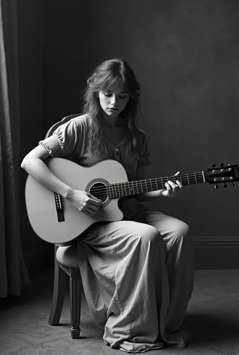 Black and white photography, 80s of the 19th century, Russia, young woman, sitting on a chair, Guitar in hands, woman playing guitar. inspired face