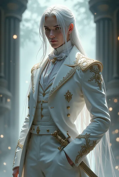 Kaome Higurashi a very beautiful warrior with golden eyes, silver hair and white skin, He wears a Victorian suit of white trousers and jacket and axul, He carries his silver sword at his waist