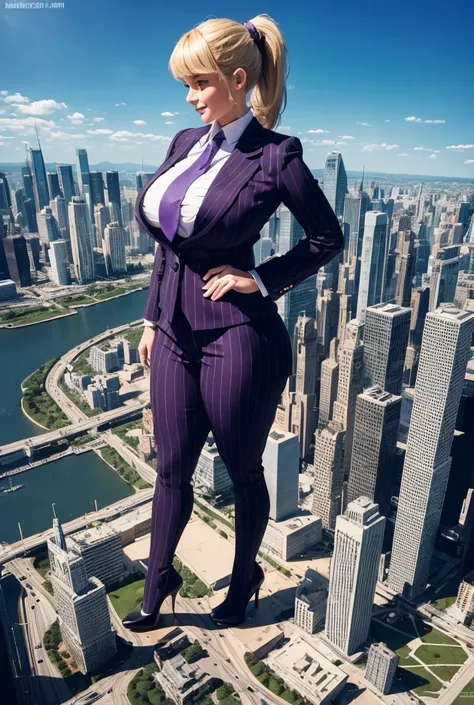 (photorealism:1.2), young massive giantess standing on a planet, beautiful bbw schoolgirl a massive curvy blonde ponytail red lips wearing a perfect grey pinstripe suit with a large windsor knot and a wide dark purple tie large collar large breasts. Platfo...