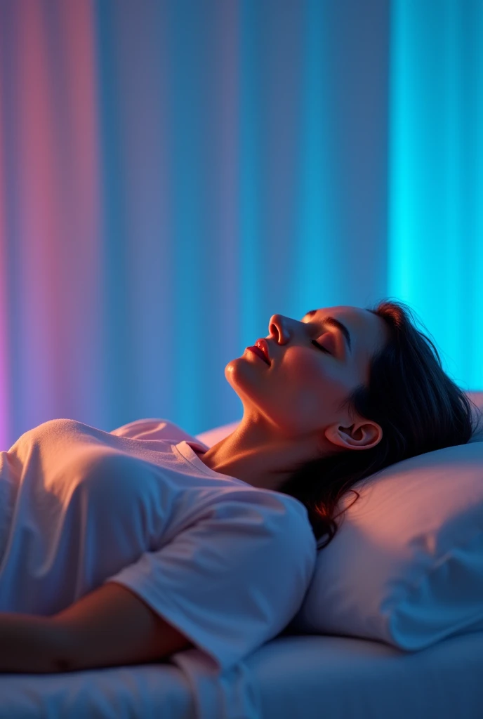 Middle-aged white woman lying on a stretcher receiving chromotherapy treatment