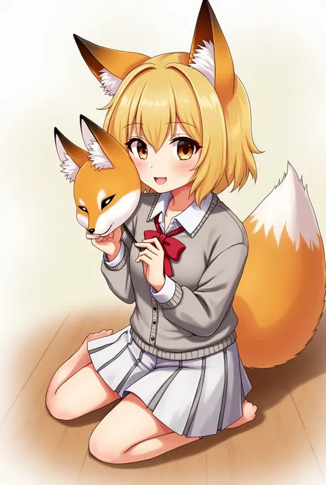 beautiful girl、He is holding a fox mask next to his face、Sitting at an angle、Illustration