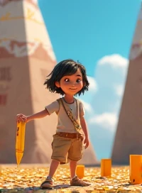 One with short wavy hair, smiling and friendly, Pixar style, explore a magical world of letters. dressed as an adventurer, He holds a magic pencil that turns block letters into cursive around him.. The scene includes mountains of paper and giant pencils, s...