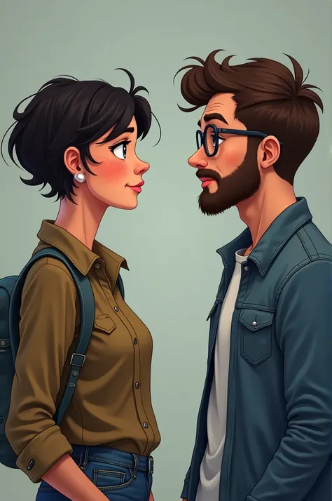 A beautiful girl with pimples and specs and short hair rejecting a nerd boy in denim jacket and specs and beard he is nervous