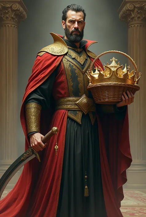 represented as a long figure, with one hand holding a basket full of crowns and a curved sword in his other hand.