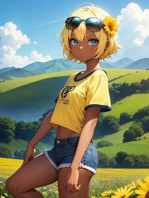 girl, short yellow hair, DARK SKIN, blue eyes, short, low-cut T-shirt, short shorts, sunglasses on head, sun slope, flower field background