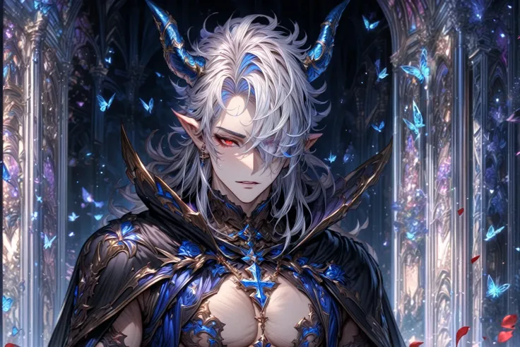 absurdres, highres, ultra detailed, HDR, master piece, best quality, extremely detailed, detailed eyes, detailed face, Krozerus, white hair, messy long hair, hair over the left eye, expressive red eyes, demon, horns, slightly pointed ears, Dream Of Legacy,...