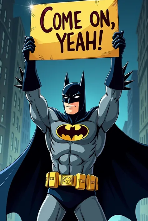  Ben Affleck&#39;s Batman with a sign in his arms raised which says : "Come on YEO!"(in Spanish) Generate the image with an anime style  

